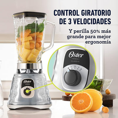 Licuadora Clásica Oster Vaso Vidrio, 3 Vel, Perilla Ergonómica, Cromo