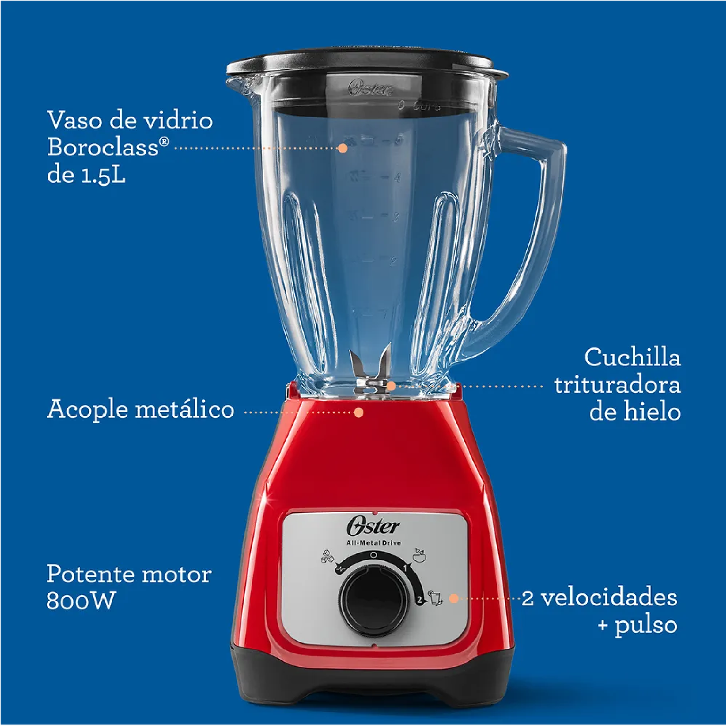 Licuadora Kaliman Oster Vaso Vidrio, Rotary, Rojo