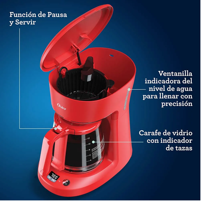 Cafetera Oster 12 Tazas, Auto Apagado, Rojo