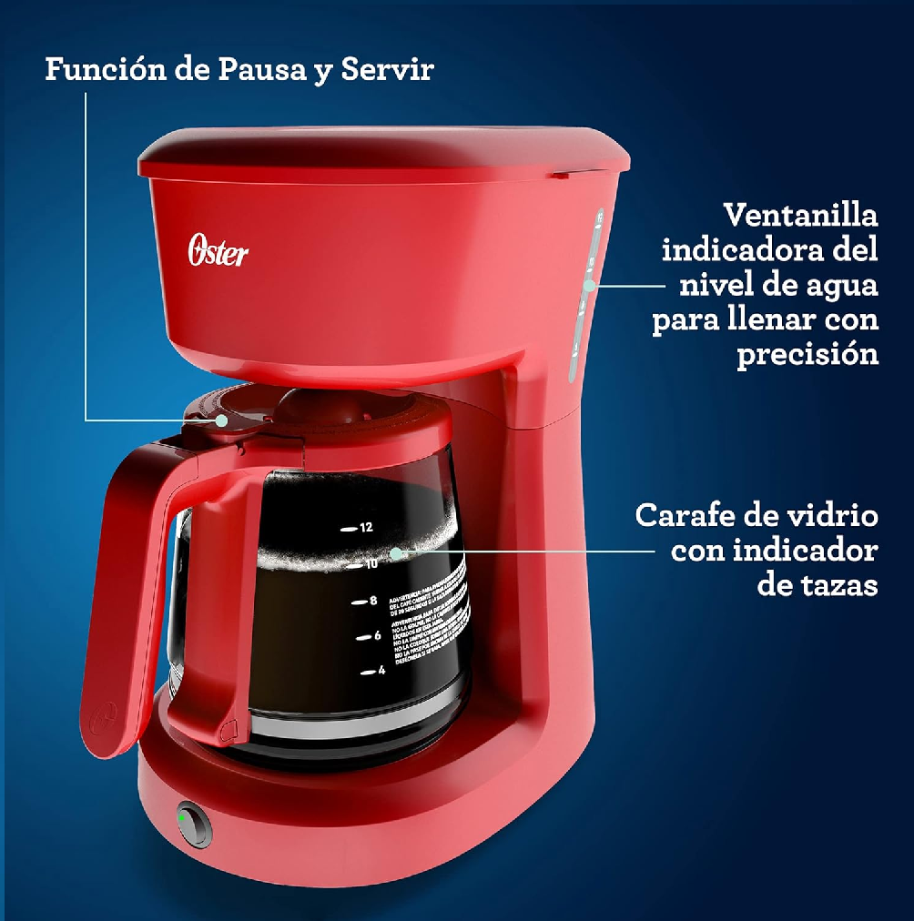 Cafetera Oster 12 Tazas, Programable, Rojo