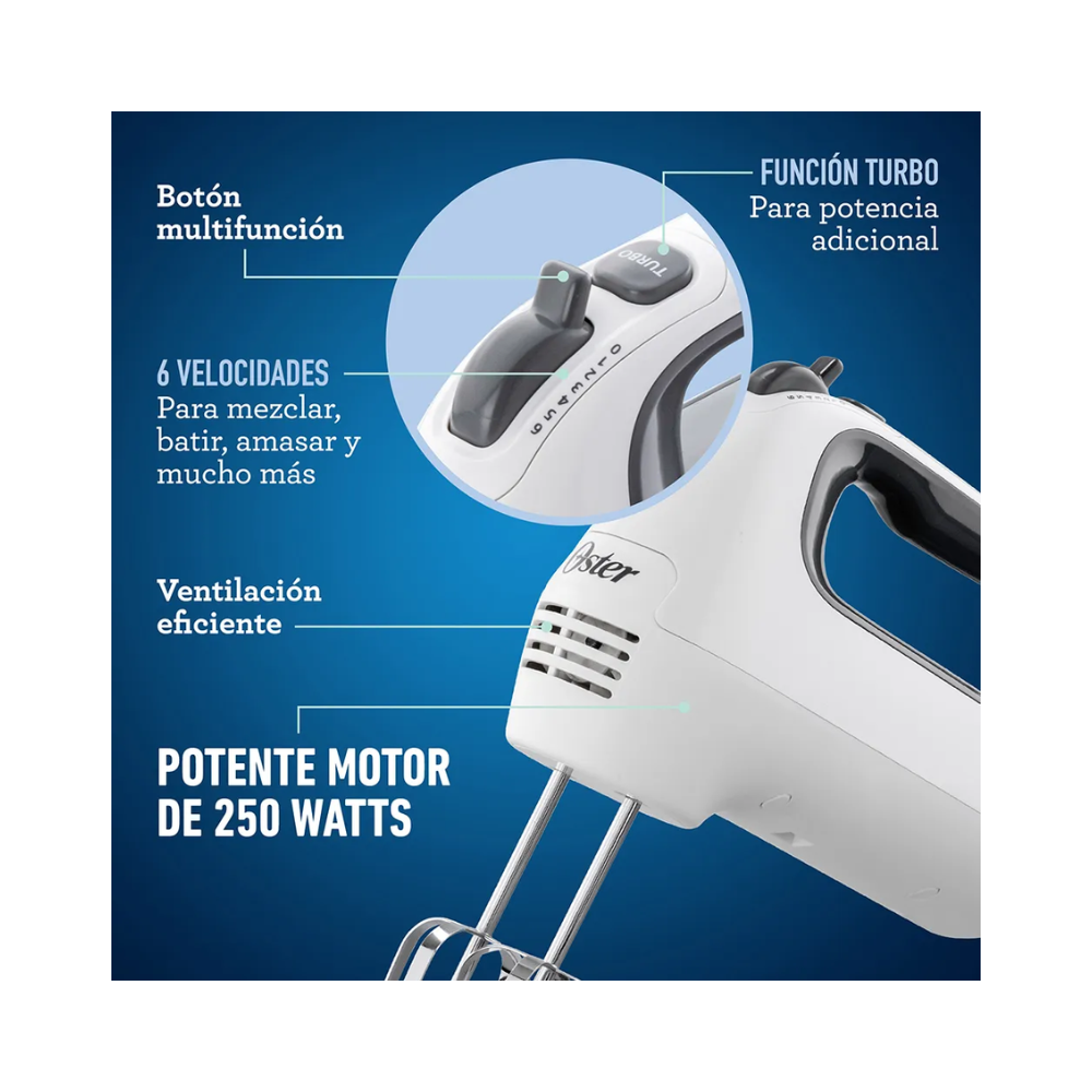 Batidora Manual Oster, 250 W, 6 Velocidades, Blanco